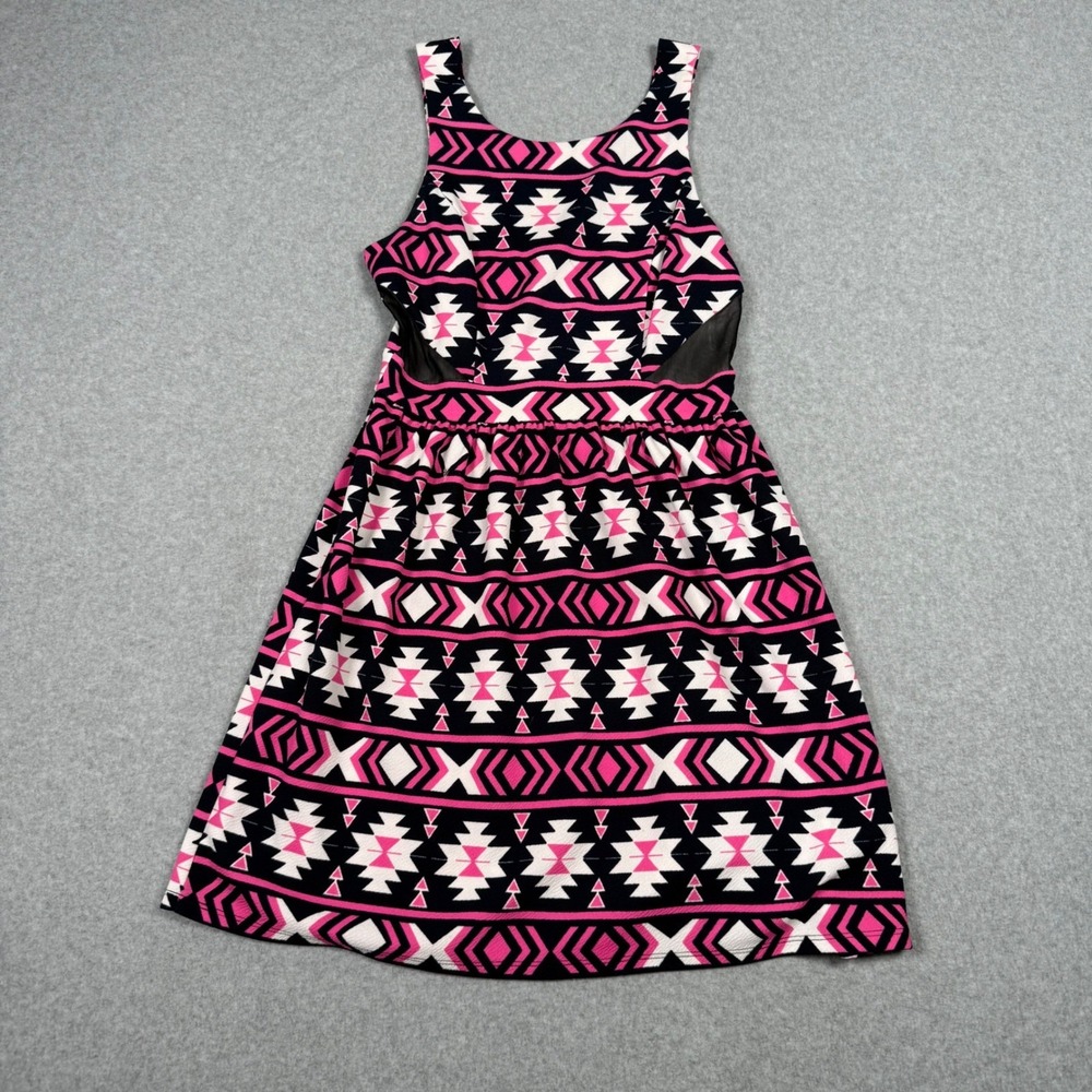 Manteau Womens Pink Black Tribal Geometric Mesh Cut Out Fit Flare Dress Size M